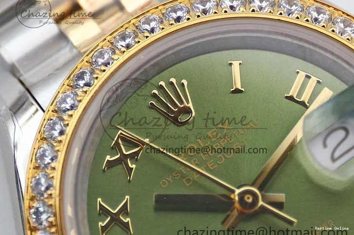 1219 Bright Lady DateJust 28 SS YG TWF Diamonds Bezel 1:1 Best Edition Green Dial Roman Markers on Jubilee Bracelet NH 2135